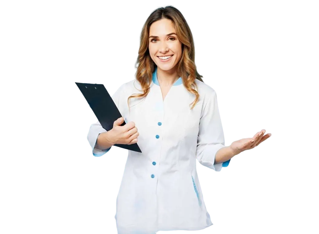A clinician in a white coat holding a clipboard, one hand raised