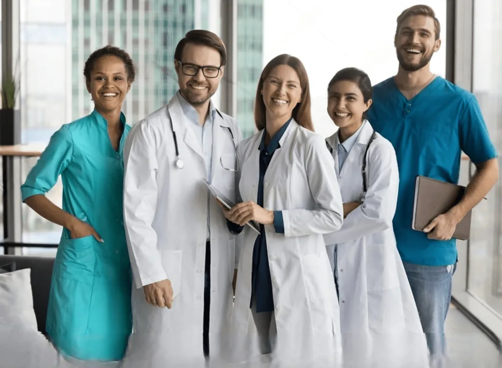 A team of five clinicians in white coats and scrubs standing together