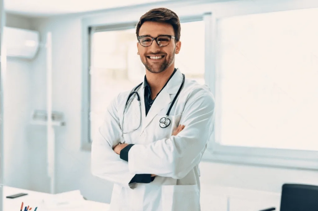 A clinician in a white coat and stethoscope standing with arms folded in an exam room