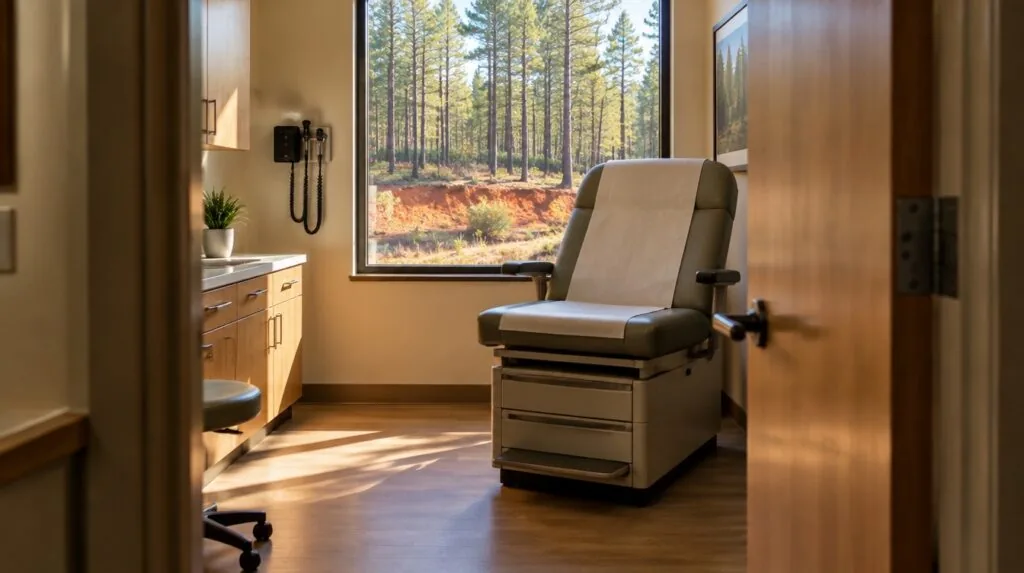 An open clinic door with an empty physician chair visible inside