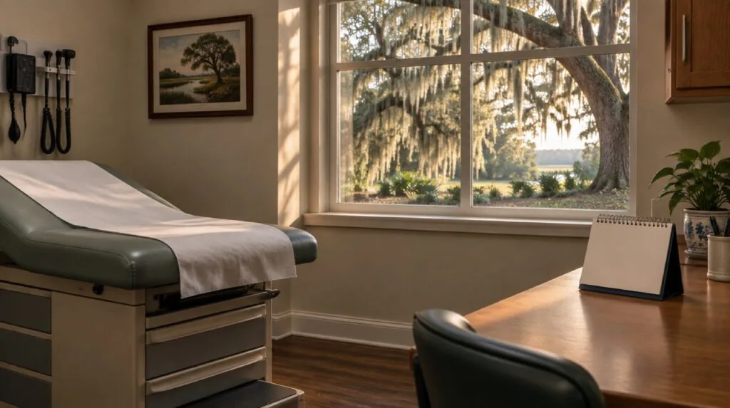 Clinic exam room with a regional view through the window