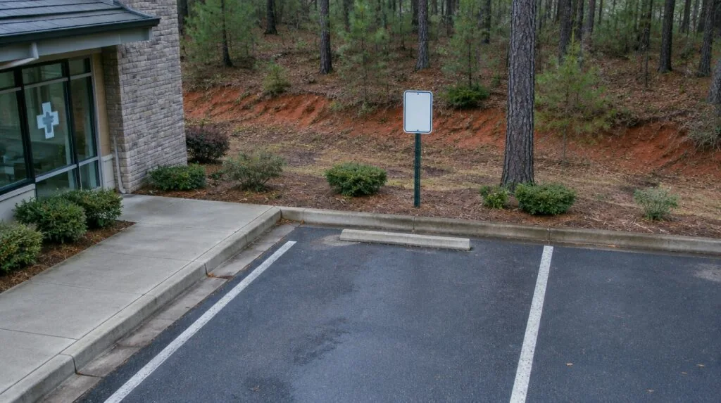 A parking space with a blank reserved sign outside a clinic