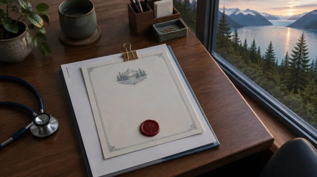 A certificate with a wax seal clipped to a stapled packet