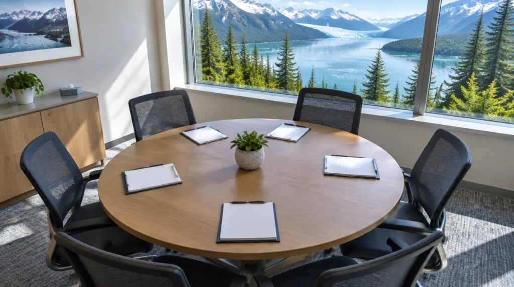 A round meeting table with empty chairs and blank notepads