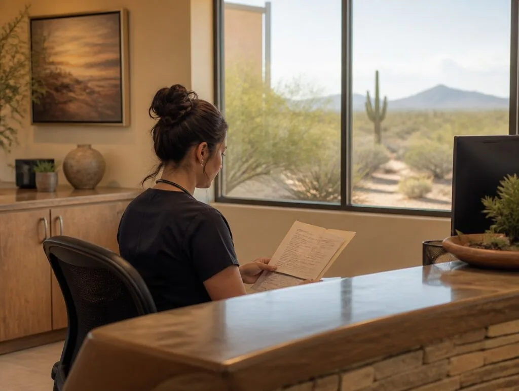Nurse practitioner reviewing a chart at an Arizona clinic reception desk