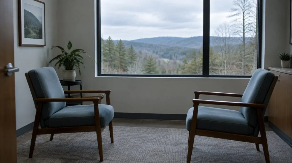 Two chairs facing each other in a small empty consult room