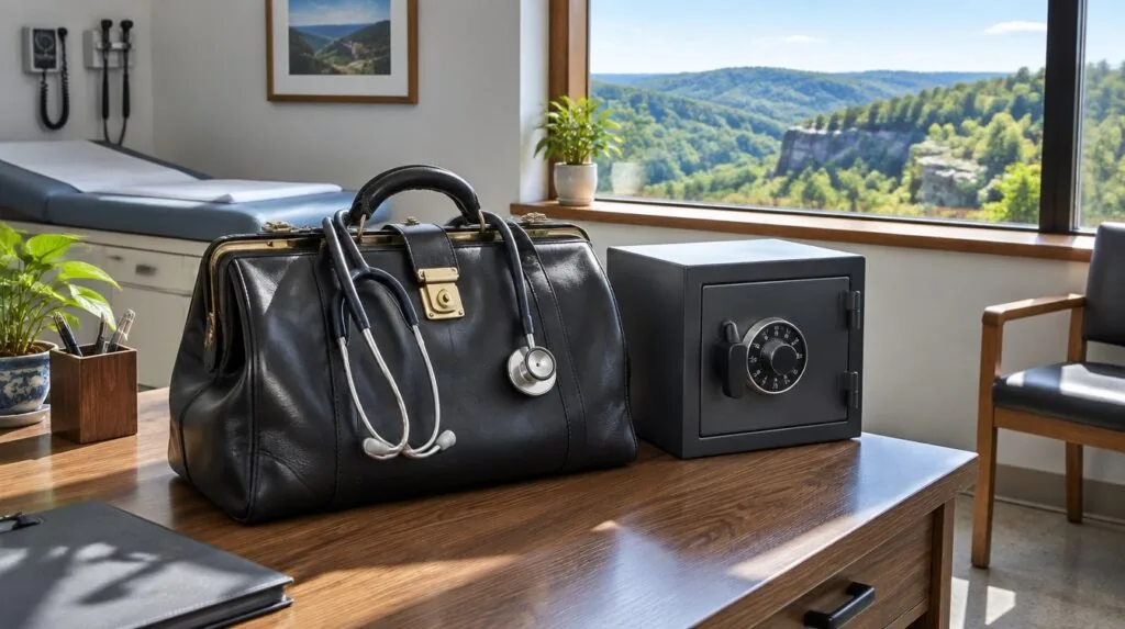 A physician bag on a desk beside a small safe