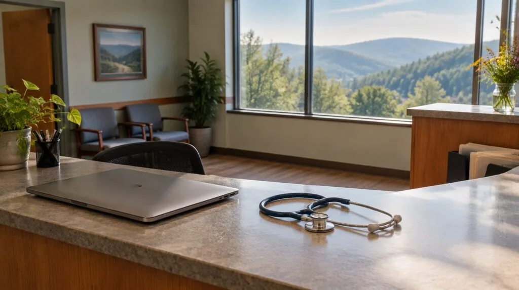 Small-town clinic reception desk, closed laptop, stethoscope, forested Ozark hills through window, morning light