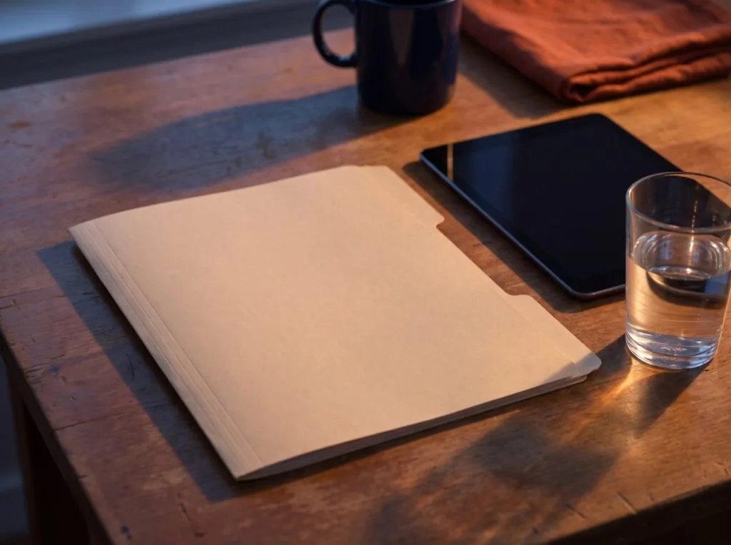 A closed manila folder on a desk beside a blank tablet screen and a glass of water in evening light