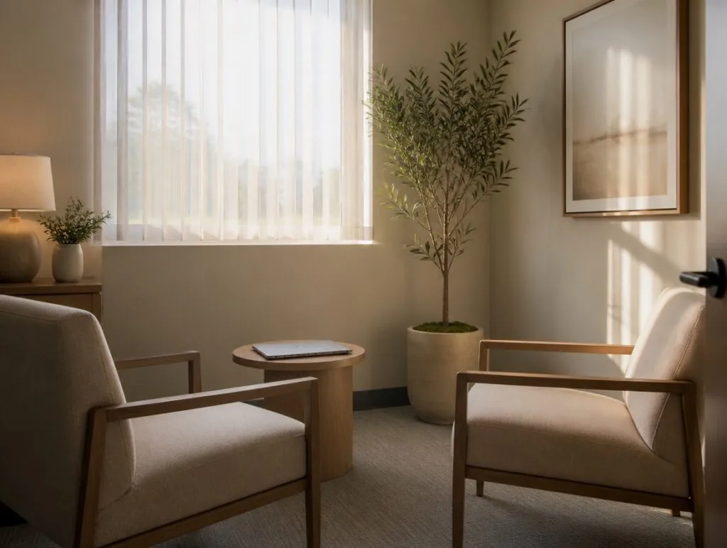 California clinic consultation room with two chairs and a closed laptop