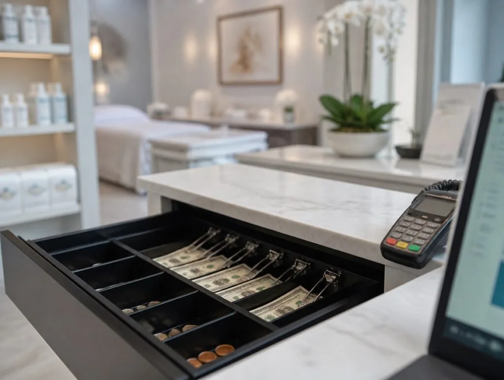 Half-open cash drawer and card reader at a med spa reception desk