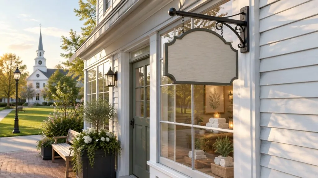 A storefront spa with a blank hanging shingle sign