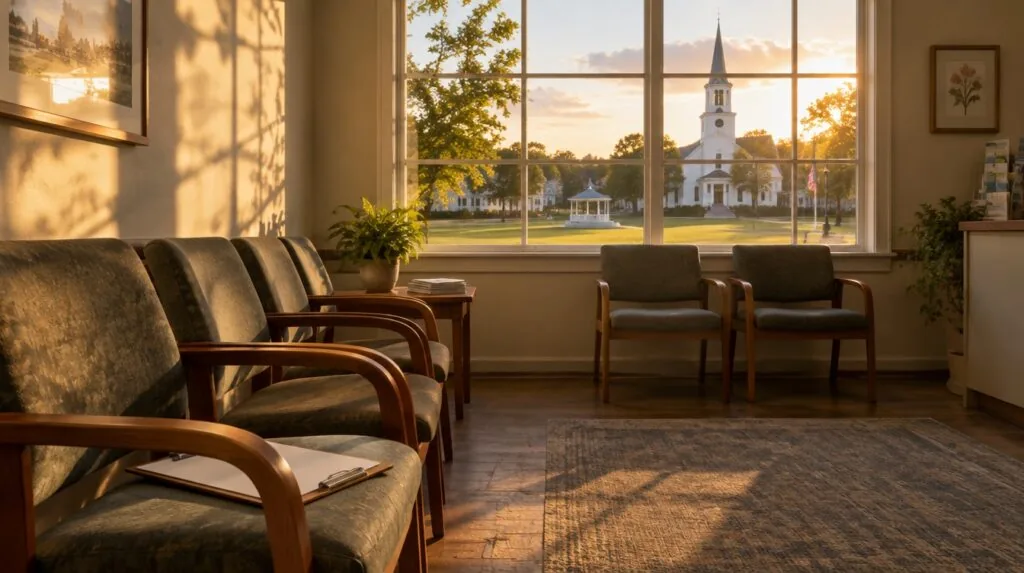 A patient intake clipboard resting on an empty waiting room chair
