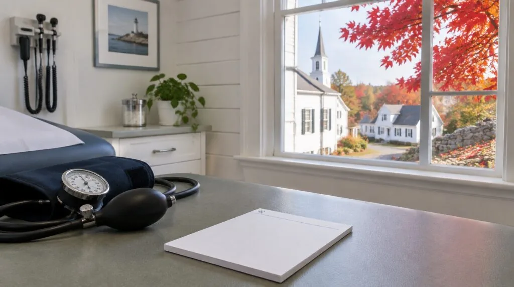 New England clinic office, white clapboard buildings and red maple leaves outside, blood pressure cuff, closed blank pre