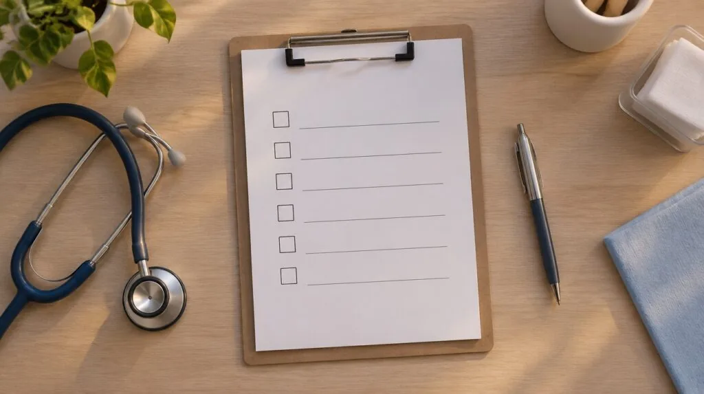 A short list on a clipboard with checkboxes and no words