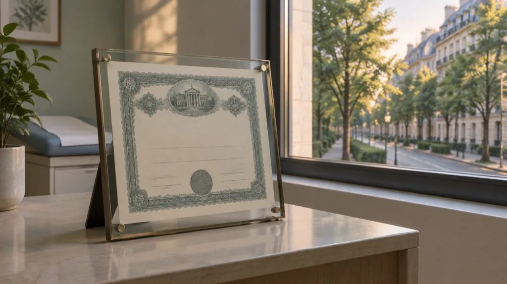 A single share certificate in a glass display frame