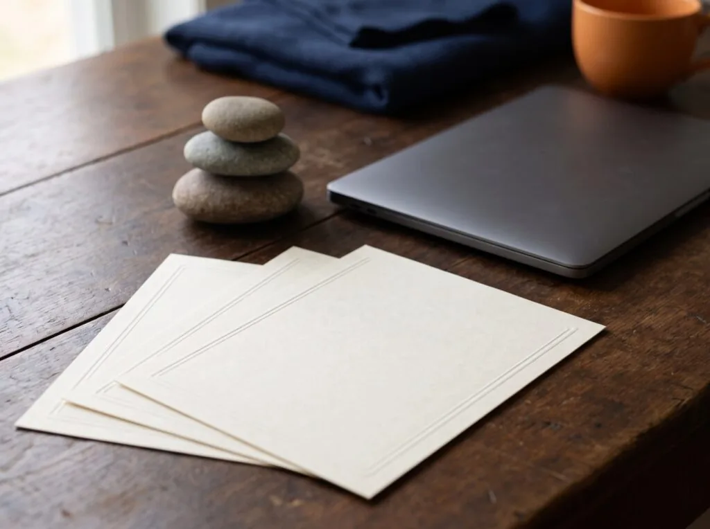 Three blank certificates fanned on a wooden desk beside stacked stones and a closed laptop