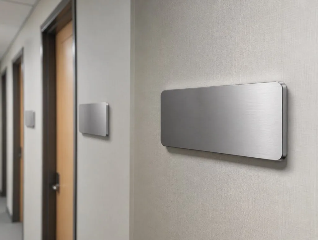 Three blank brushed-metal nameplates on clinic doors