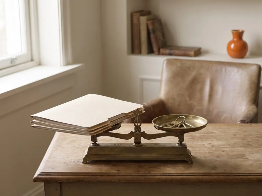 A brass balance scale on a desk with a stack of blank folders on one pan and a ring of keys on the other