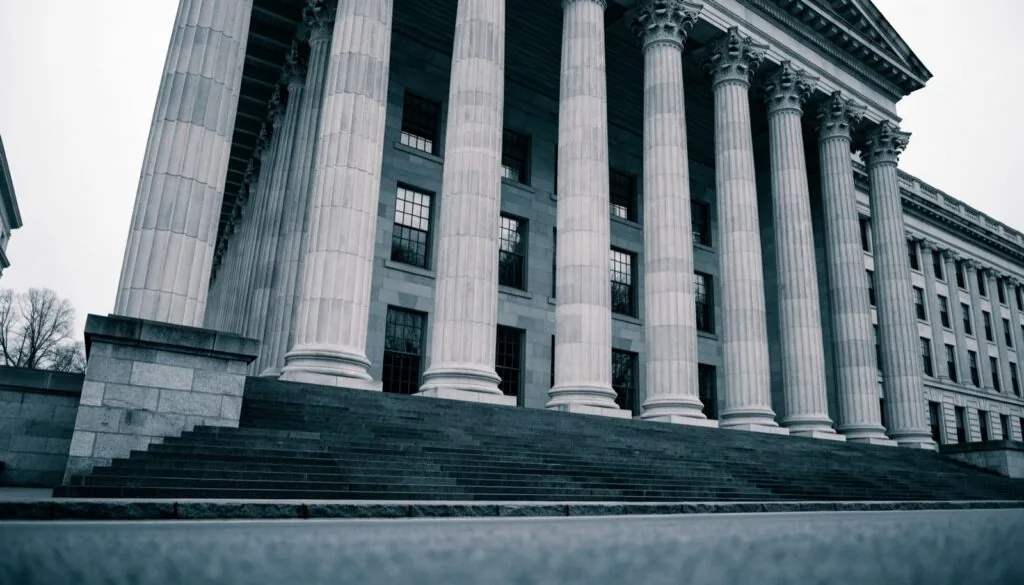 The columned facade and steps of an American federal courthouse under overcast sky