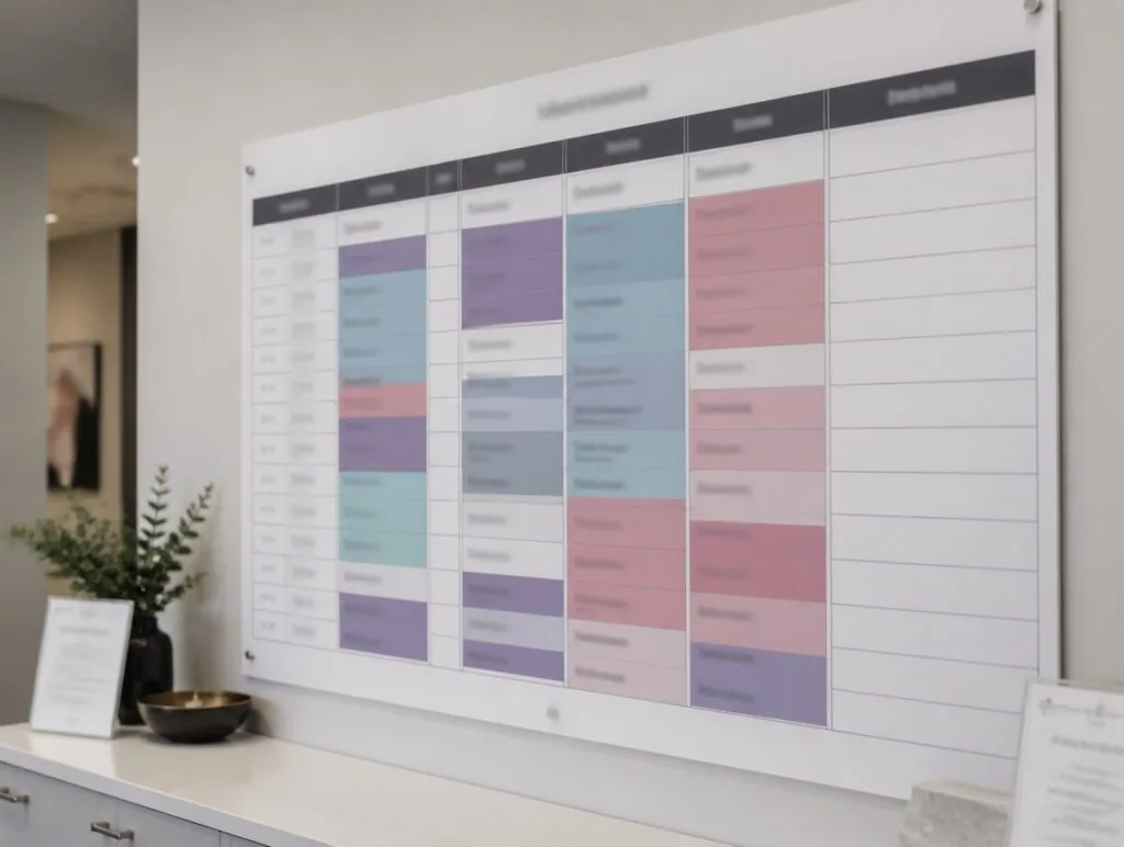 Weekly clinician schedule grid in a Georgia med spa with one column empty