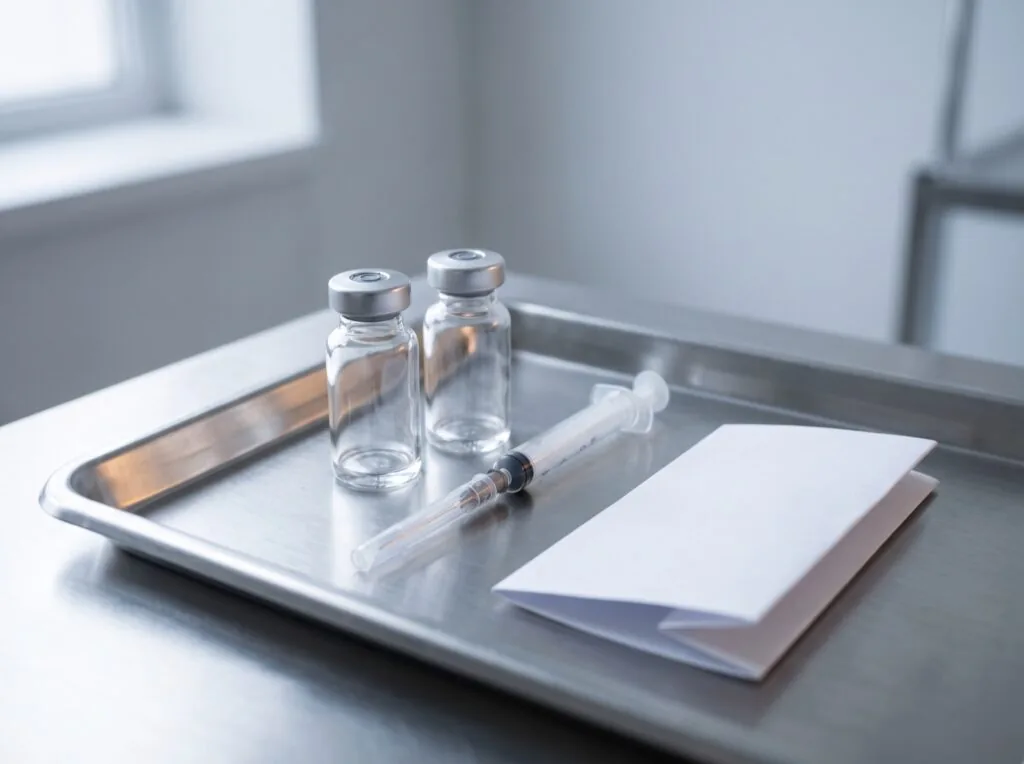 Two unlabeled glass vials, a capped syringe and a folded blank insert on a stainless steel tray