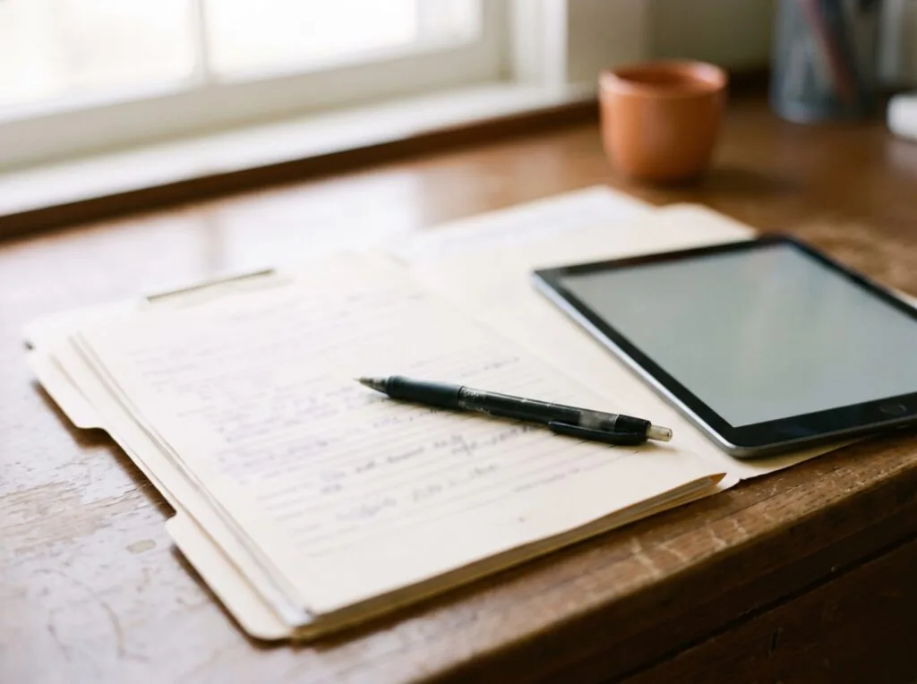 An open paper patient chart on a wooden desk with a pen resting across it and a tablet beside it