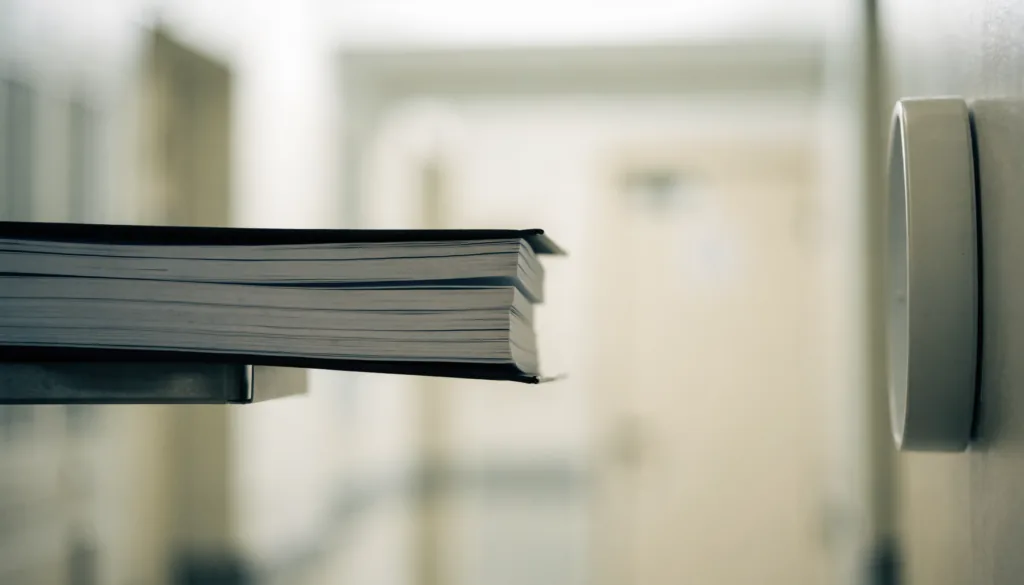 A wall-mounted emergency response binder beside a clock in a clinic corridor, plain surfaces
