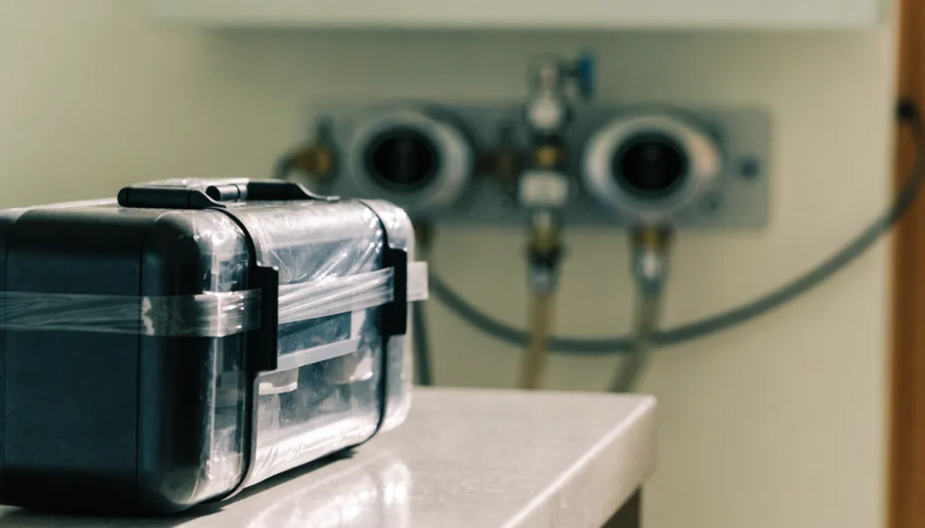 A sealed emergency medication kit and a wall-mounted oxygen point in a clean treatment room, neutral daylight