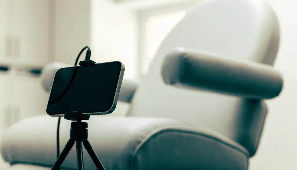 A phone on a tripod photographing an empty treatment chair under soft studio lighting