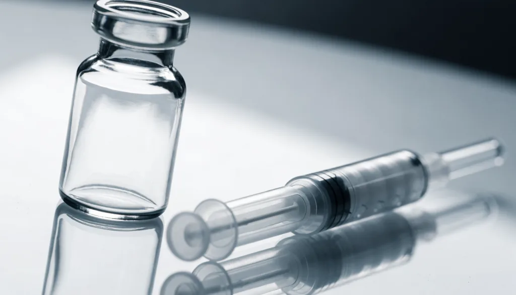 An empty glass vial and a sealed syringe on a white reflective surface under bright studio light