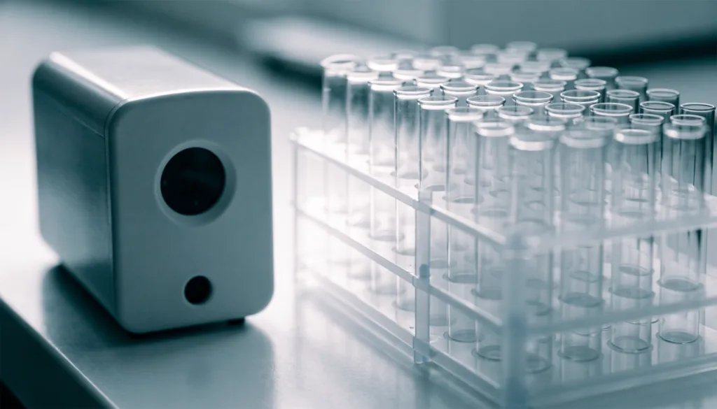 A small benchtop analyzer and a rack of empty specimen tubes on a clean counter, neutral daylight
