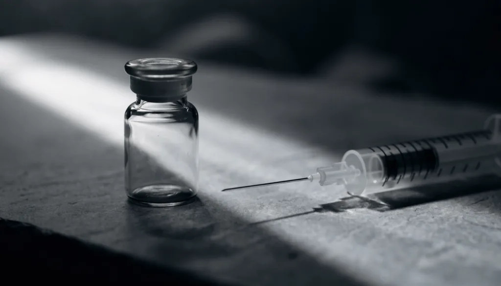 A plain glass vial and an unmarked syringe on a matte grey surface, single soft light source
