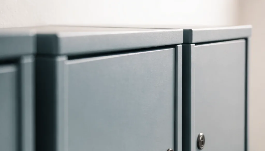 Two identical closed storage cabinets side by side in a plain clinic room, one with a visible lock, neutral lighting