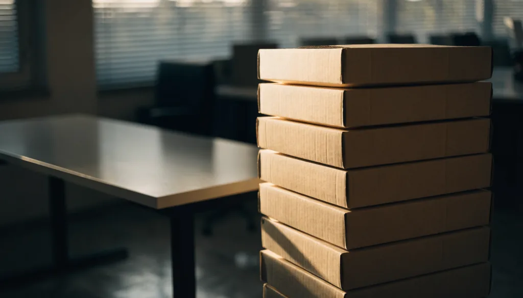 A neat stack of closed document boxes in an empty office beside a bare desk, late afternoon light