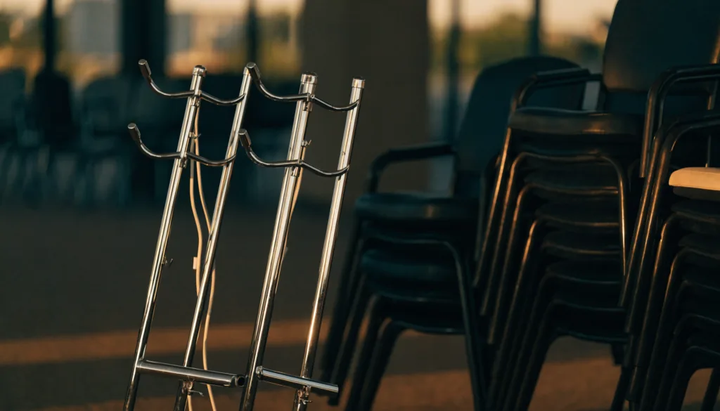 Folded IV stands and a closed transport case beside a stack of chairs in an empty event room, low warm light