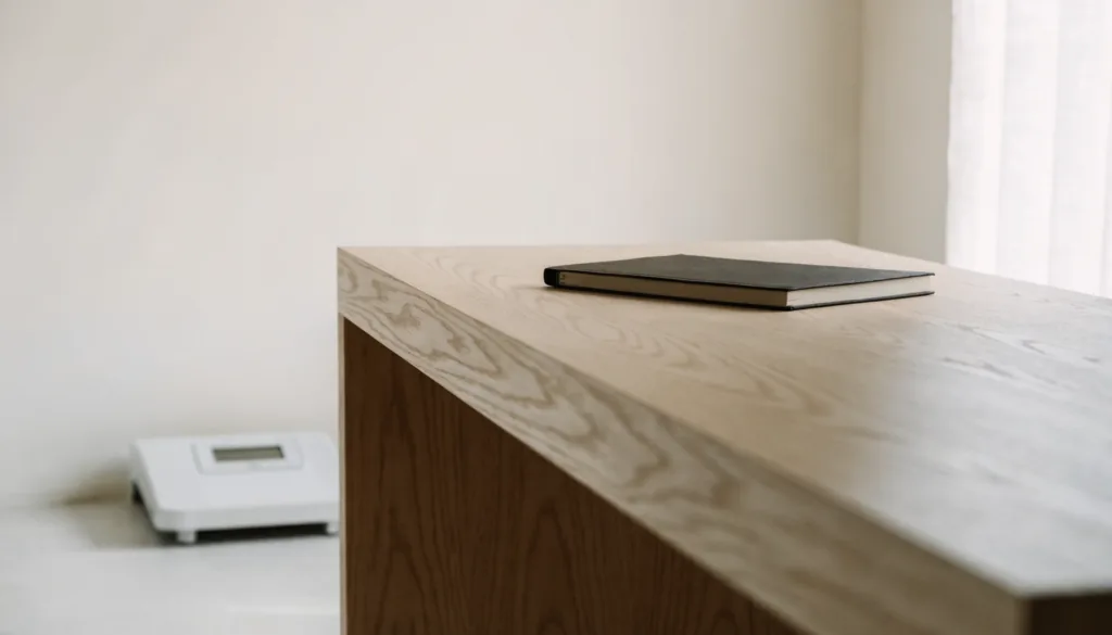 A clean consultation desk with a closed notebook and a floor scale in the corner of a bright room