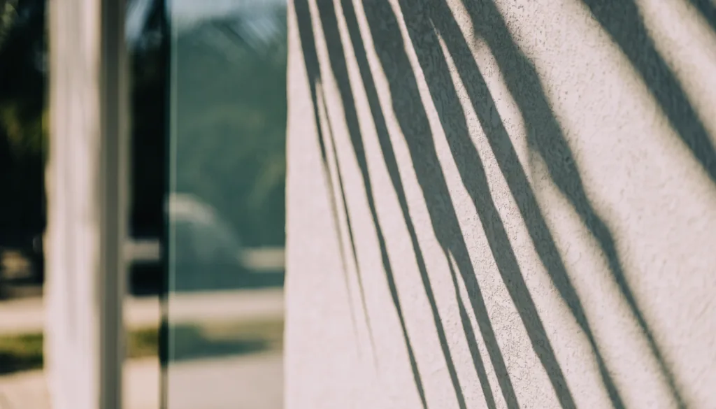 A palm frond shadow falling across a plain stucco wall beside a closed glass clinic door, bright daylight