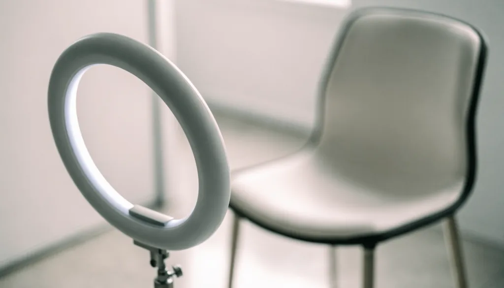 A ring light and phone mount set up facing an empty upholstered chair in a bright clinic room