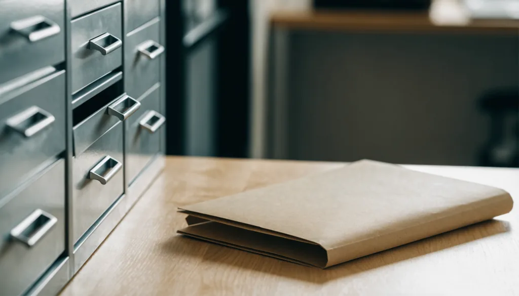 A closed manila patient file folder on a clean desk beside a locked steel cabinet drawer, soft daylight