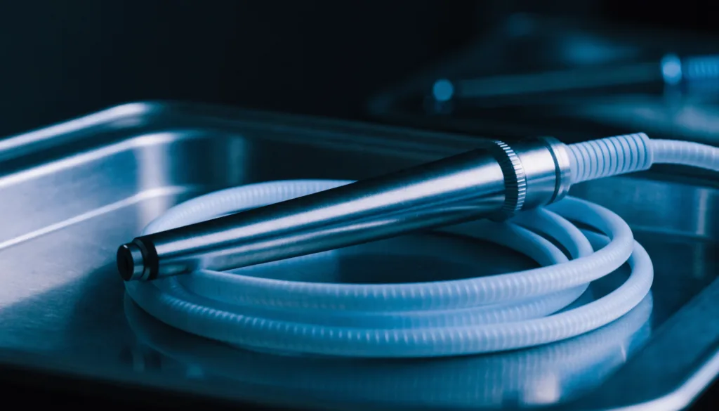 A cosmetic laser handpiece resting on a stainless steel tray under clinical lighting