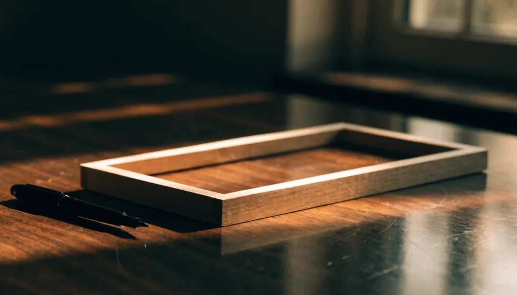 A framed certificate face down on a dark wooden desk beside a fountain pen, single window light