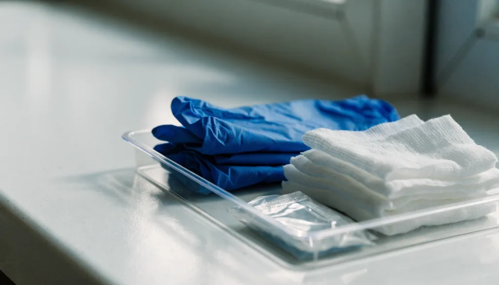 A clinical supply tray with gloves, gauze and an alcohol swab on a clean counter, soft daylight