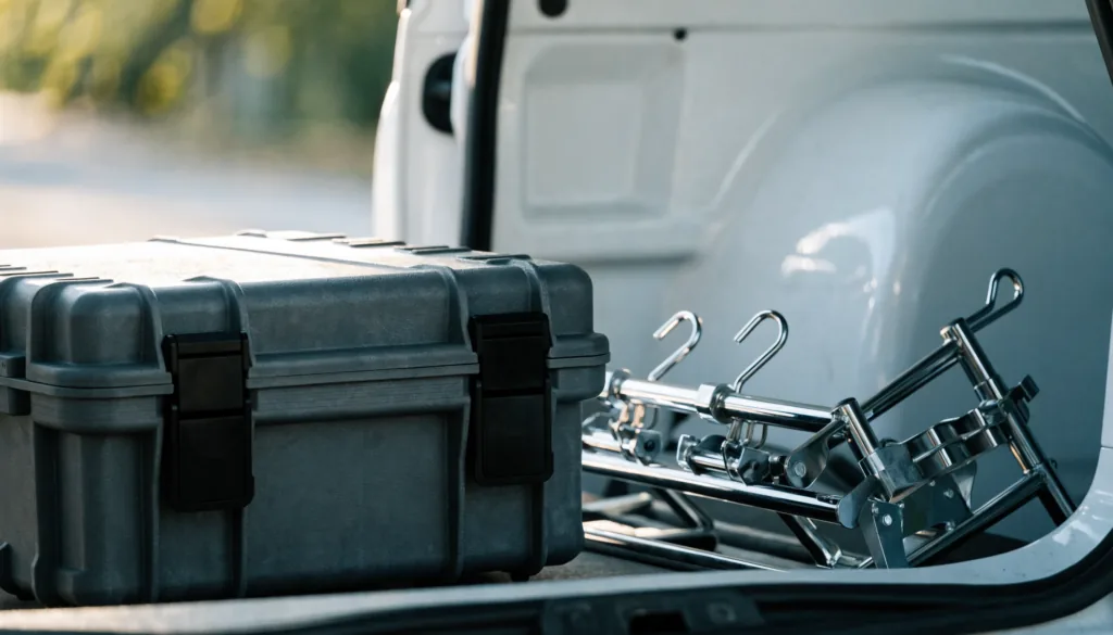 A closed medical transport case and a folded IV stand in the open back of a plain van, daylight