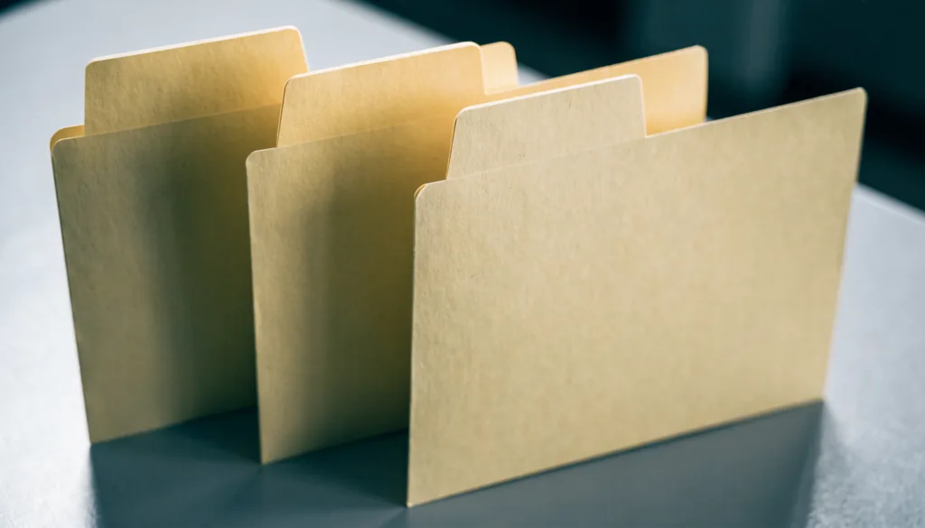 Three plain closed folders fanned slightly apart on a grey desk, even overhead light
