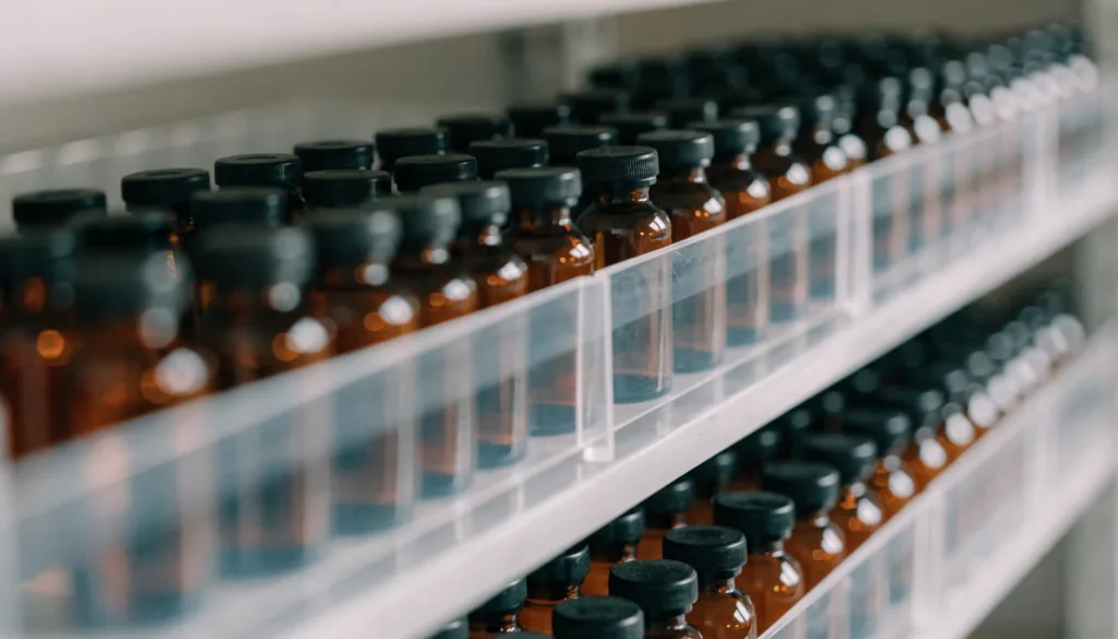 A row of empty unlabeled amber glass vials in a storage rack on a clinic shelf, soft even lighting