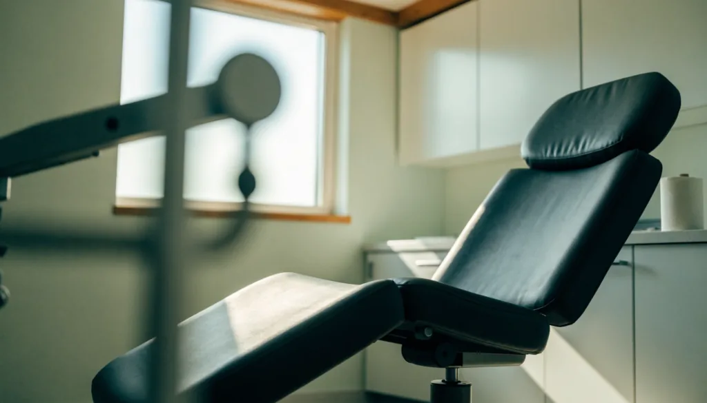 An empty treatment room with a bare chair, cabinets closed and a roll of paper on the counter, bright morning light