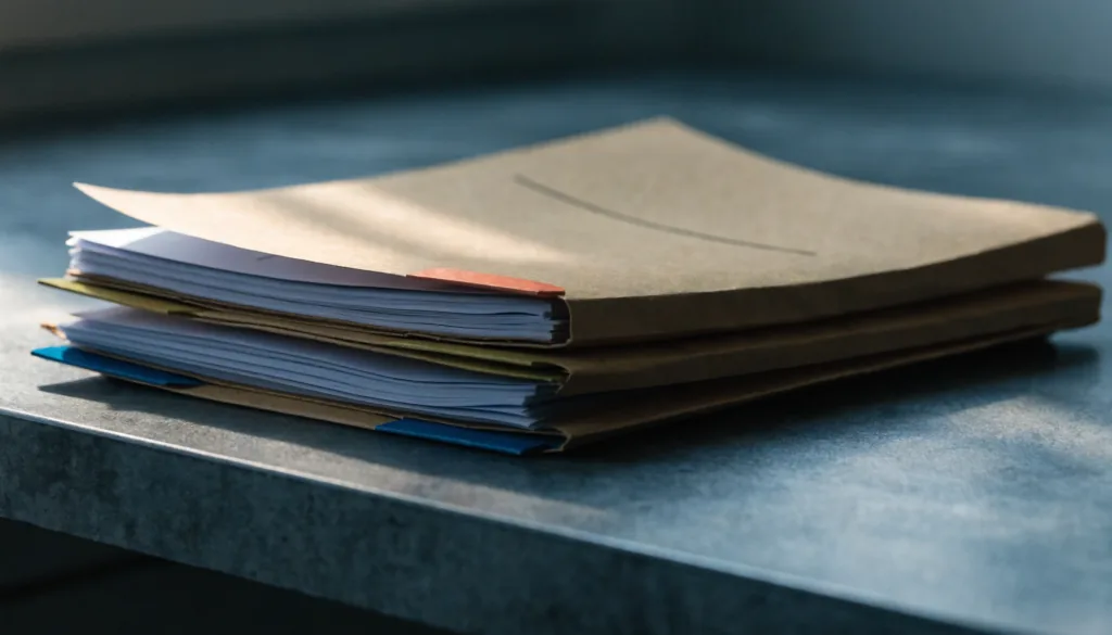 Three stacked legal documents on a dark surface, each with a different colored tab, one signature line visible