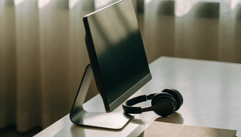 An empty desk with a monitor turned off, a headset resting beside it and a closed notebook, soft daylight