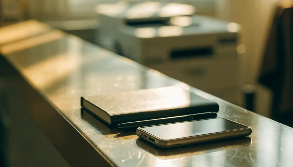 A phone face down on a clinic reception desk next to an appointment book, warm morning light